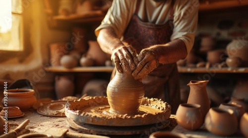 A man is crafting tableware on a pottery wheel  creating dishes for food and drinks. AIG41