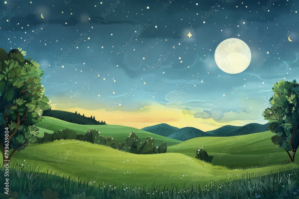Serene countryside scene with rolling hills and a starry sky, perfect for a lullaby-themed nursery mural