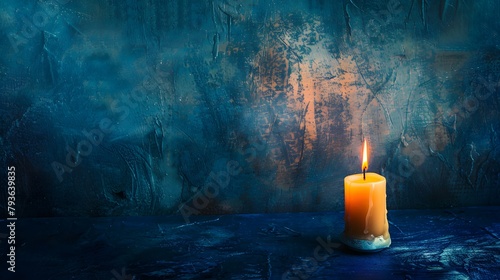 Capture the essence of solitude with a lone candle on a deep blue background, evoking a sense of calm and reflection
