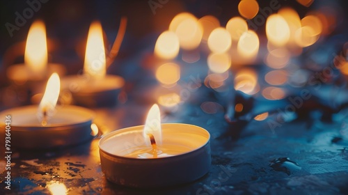 Burning tea lights, candle vigil concept