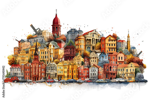 Illustration of a town with triangular-roofed houses. isolated on a Transparent background. Generative AI photo