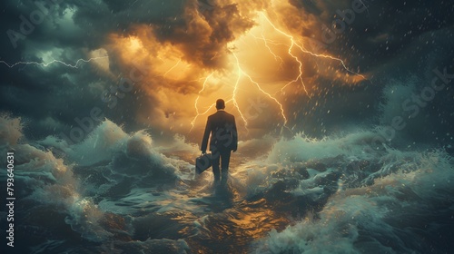 Wallpaper Mural Midst Of A Raging Storm, Businessman Holding Business Bag Tightly Against The Tumultuous Waves Torontodigital.ca