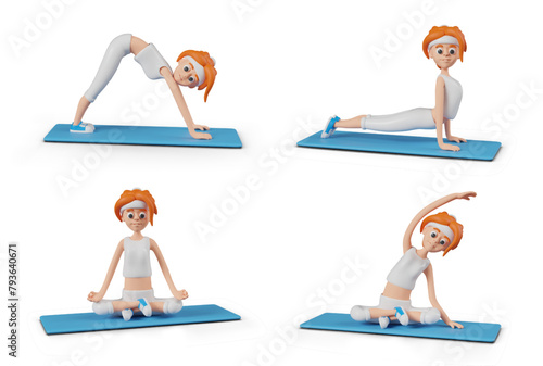 Set of female characters in various yoga poses. Woman is training on mat