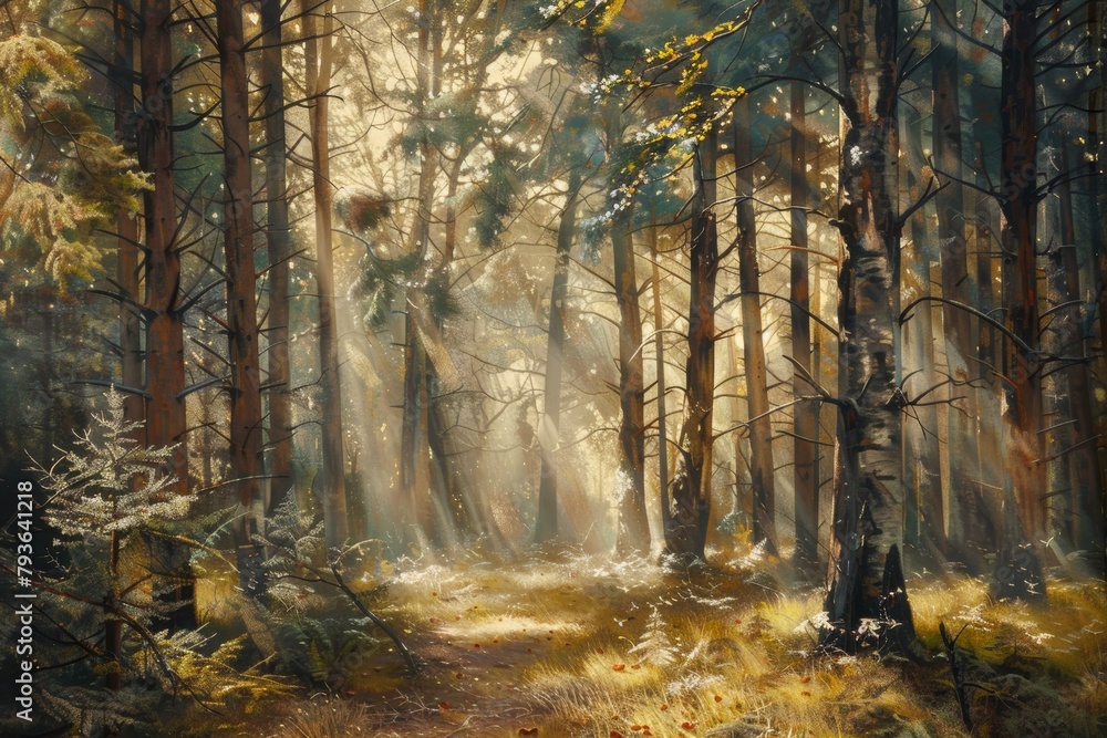 Tranquil forest scene with sunlight filtering through the trees, inviting viewers to relax and let go of stress