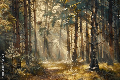 Tranquil forest scene with sunlight filtering through the trees  inviting viewers to relax and let go of stress