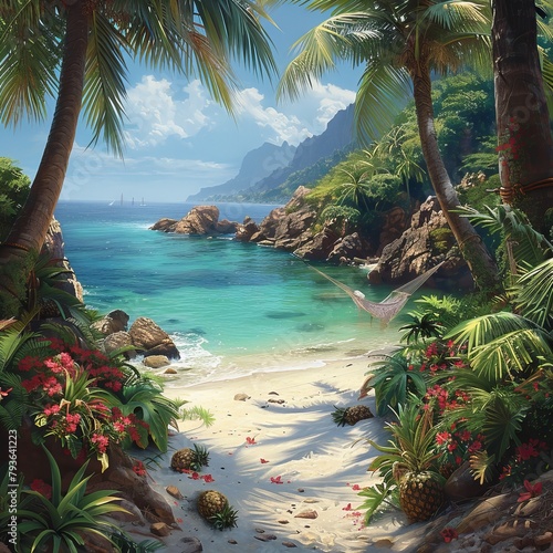 Tropical Paradise: Create an image of a lush tropical island with palm trees, exotic flowers, and a hammock overlooking a crystal-clear lagoon. Generative AI © Hokmiran
