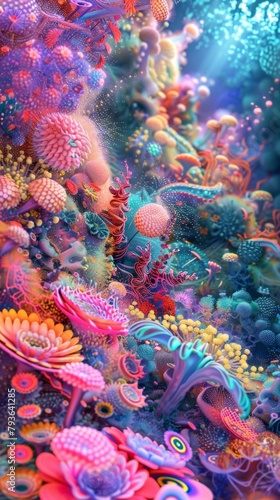 A painting of an underwater scene with corals and other sea creatures