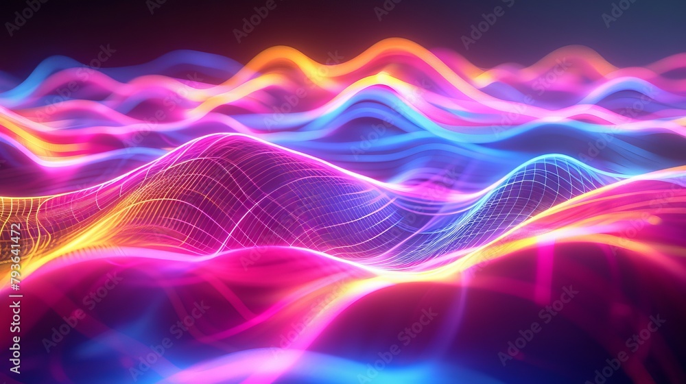 Naklejka premium Vibrant abstract neon waves illuminating the white space with their radiant glow