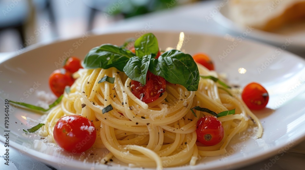 Freshly made angel hair pasta served with basil sauce and oven roasted cherry tomatoes Freshly made angel hair pasta served with basil sauce and oven roasted cherry tomatoes