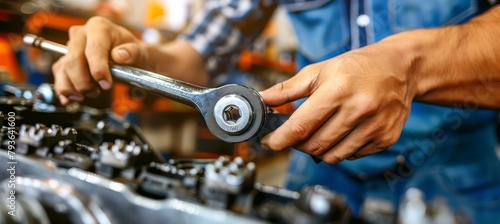 Skilled hands of auto mechanic working on car repairs in automotive service center