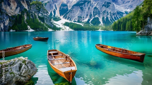 Boats on the Braies Lake ( Pragser Wildsee ) in Dolomites mountains, Sudtirol, Italy photo