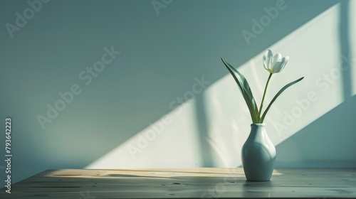 A lone, slender vase holding a single bloom on a bare wooden table, the natural light casting soft shadows, highlighting the beauty in simplicity.