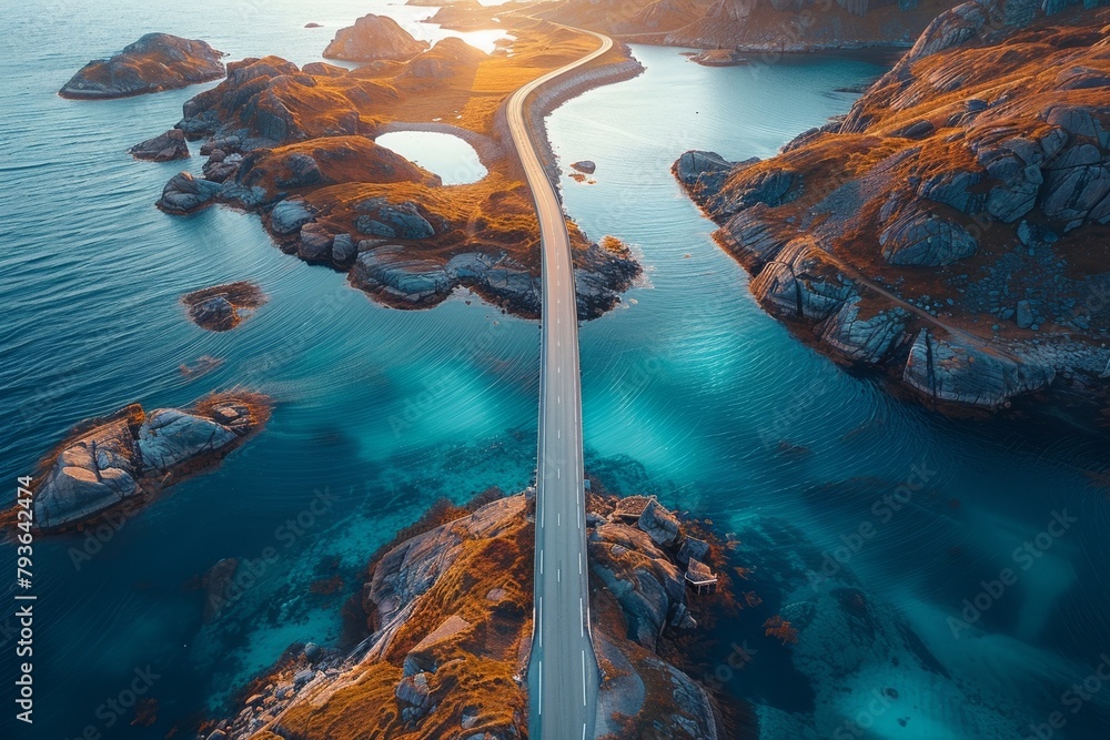 A picturesque coastline with majestic fjords and winding roads. - obrazy, fototapety, plakaty 