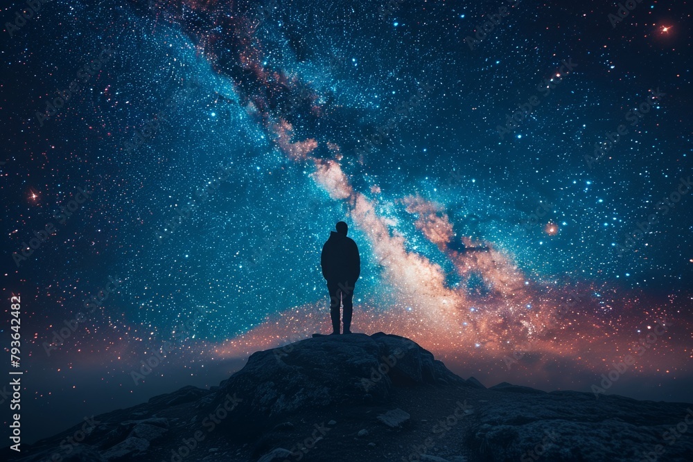 Under the starry night sky, a lone adventurer is in awe of cosmic beauty. Under the starry night sky, a lone adventurer is in awe of cosmic beauty.