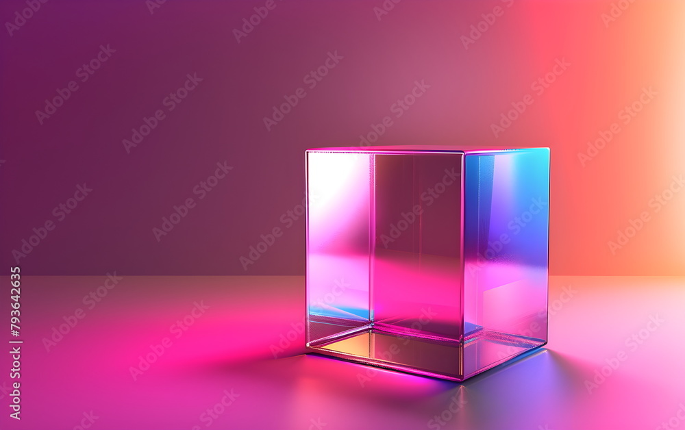 Glass cube in neon light, pedestal podium with shadows and reflection, block platform, transparent geometric cosmetics stand, mockup stage. Acrylic showcase for product presentation. Minimum cosmetics Glass cube in neon light, pedestal podium with shadows and reflection, block platform, transparent geometric cosmetics stand, mockup stage. Acrylic showcase for product presentation. Minimum cosmetics