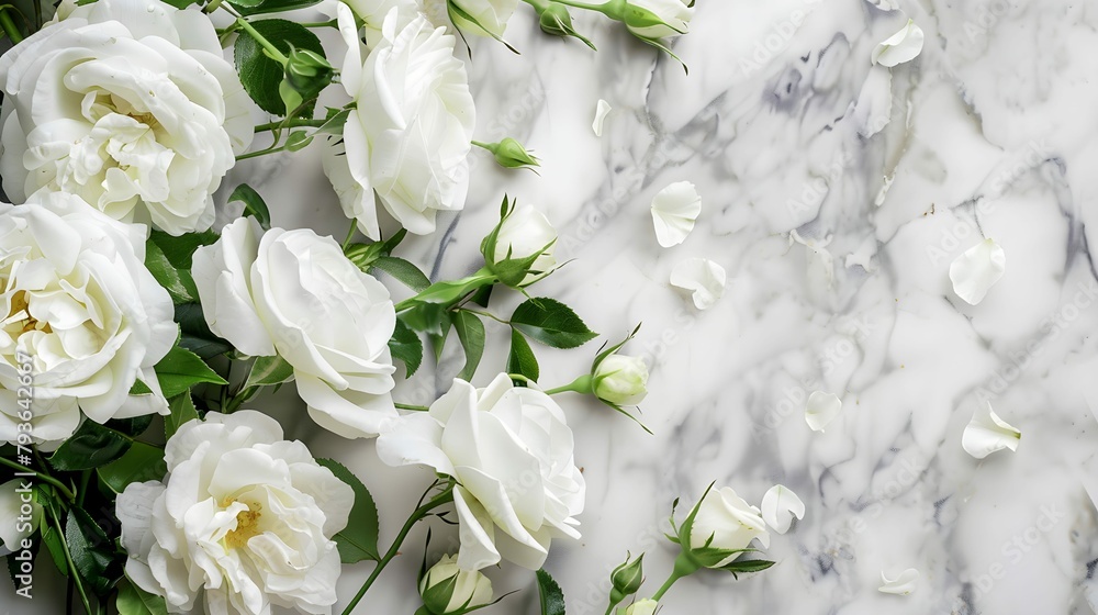 Beautiful white flowers, roses, over marble background. Bouquet of flowers at cemetery , funeral concept. Beautiful white flowers, roses, over marble background. Bouquet of flowers at cemetery , funeral concept.