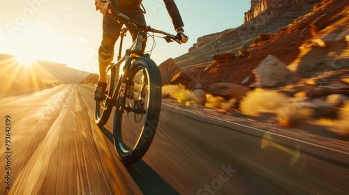 Mountain Biker Riding at Sunset on a Desert Trail. Generative ai