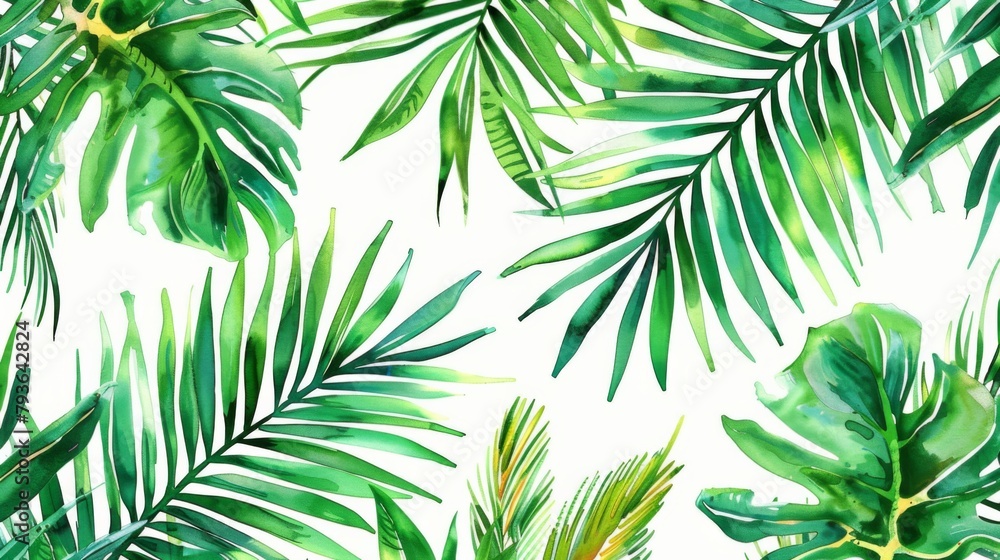 Watercolor palm leaves seamless pattern, white background Watercolor palm leaves seamless pattern, white background