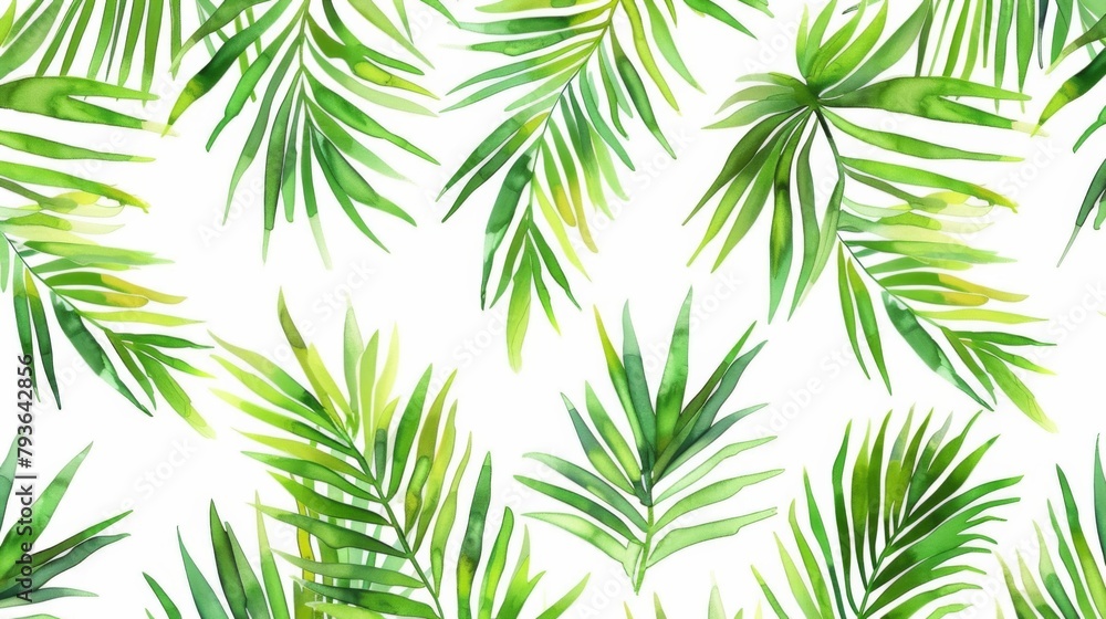 Watercolor palm leaves seamless pattern, white background