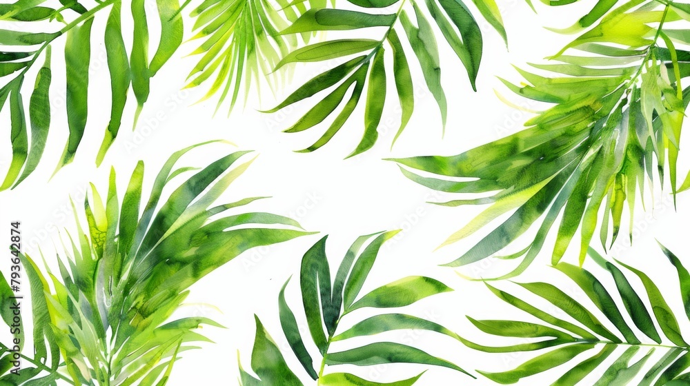 Fototapeta premium Watercolor palm leaves seamless pattern, white background