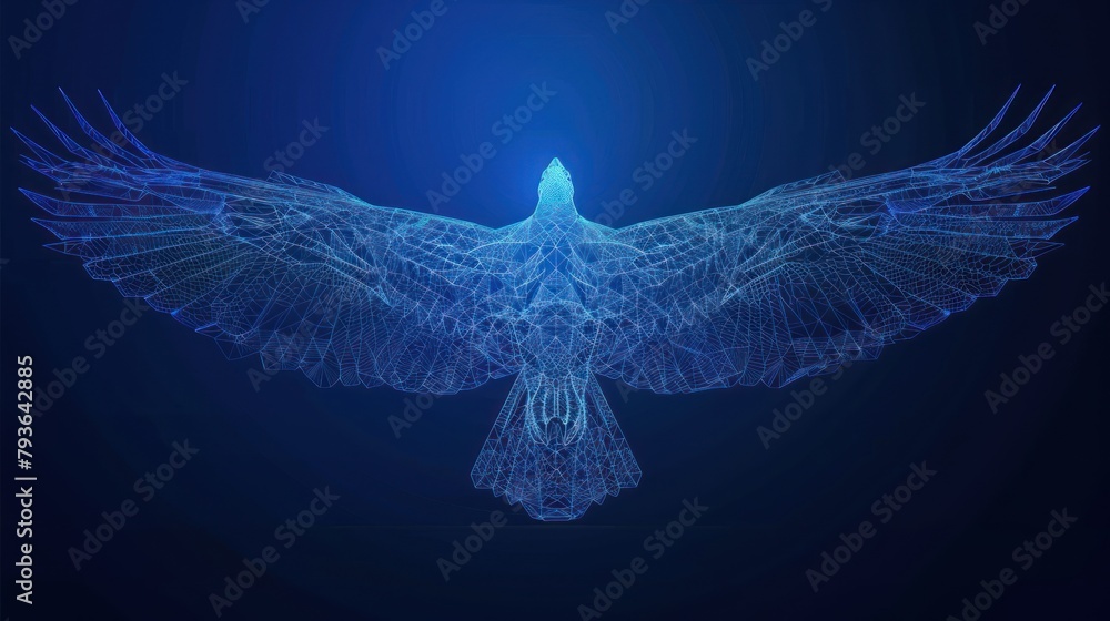 Wireframe of an eagle has spread its wings. Polygonal eagle of blue ...