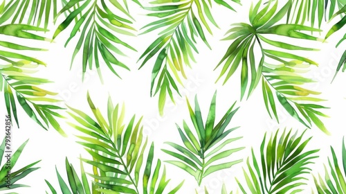 Watercolor palm leaves seamless pattern, white background © wanna