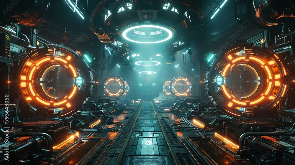 Digital hells engine room with neon cores and scifi mechanics