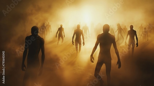 Eerie human shadows wandering a labyrinth of hell, nightmarish mist photo