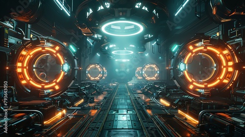 Digital hells engine room with neon cores and scifi mechanics