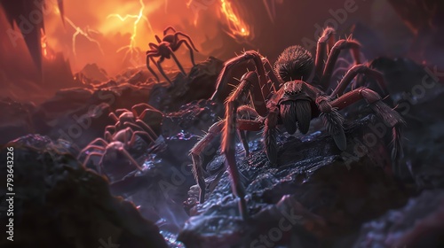 Humanfaced spiders crawling in a dark, surreal hell environment