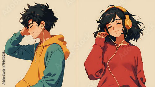 Cool Anime manga boy and girl teenager listening lofi music with headphones background 