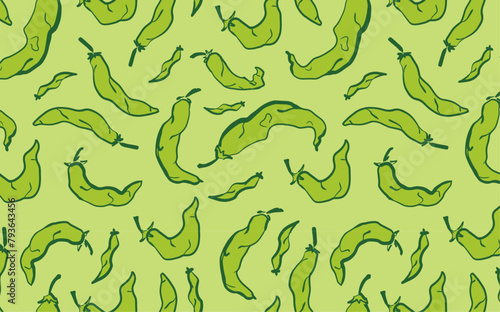 Seamless pattern of green peppers on a light green background. Vegetable hand drawn backdrop. Design for textile print, spicy food packaging, kitchen wallpaper. Culinary art concept.