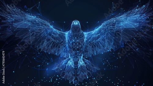 Wireframe of an eagle has spread its wings. Polygonal eagle of blue lines on a dark background. AI generated