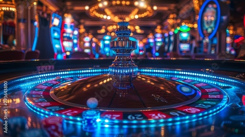 Casino Table: A photo showing the vibrant atmosphere of a casino, with a roulette table illuminated by colorful lights