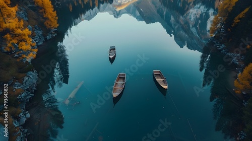 Autumn landscape of Lago di Braies Lake in italian Dolomites mountains in northern Italy. Drone aerial photo with Wooden boats and beautiful reflection in calm water at sunrise. Pragser Wildsee photo