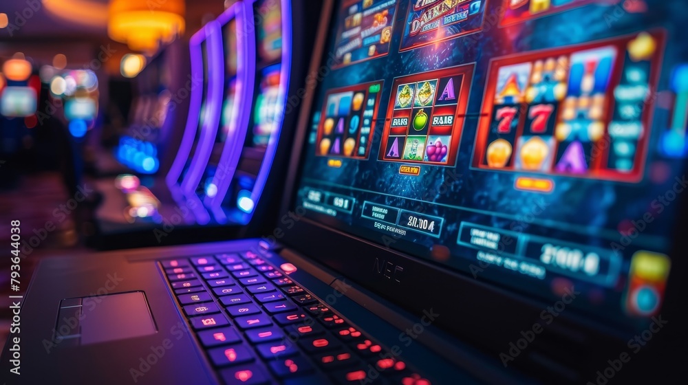 Online Casinos: A photo of a laptop screen showing a sleek and colorful online casino website