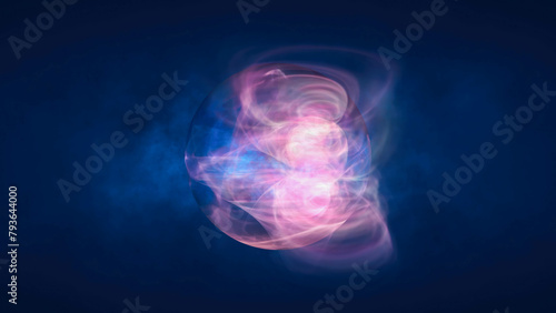 Multicolored energy magic circle sphere ball of futuristic waves and lines of smoke particles of liquid plasma energy and electricity. Abstract background