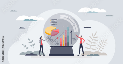 Predictive analytics and future business data modeling tiny person concept. Insight, forecasting and calculation for company potential sales and financial information research vector illustration.