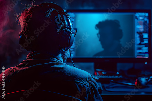 Entertainment event man with headphones playing video game on computer © mihail