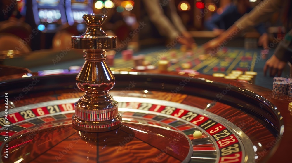 Roulette Betting: A photo of a roulette dealer spinning the wheel, with players placing bets on the table Roulette Betting: A photo of a roulette dealer spinning the wheel, with players placing bets on the table