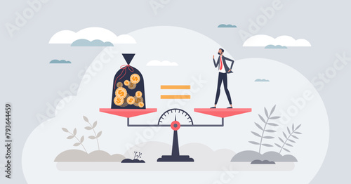 Compensation analysis and fair financial commission tiny person concept. Economical value for employee, labor or sales manager vector illustration. Accountancy wages calculation with justice scales. photo