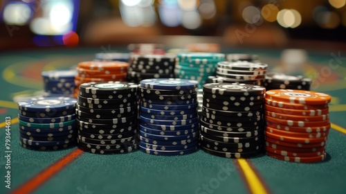 Roulette Chips: A photo of a casino table with a pile of colorful chips in the center © MAY