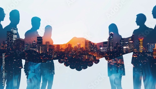 People exchanging gestures with city skyline as background photo