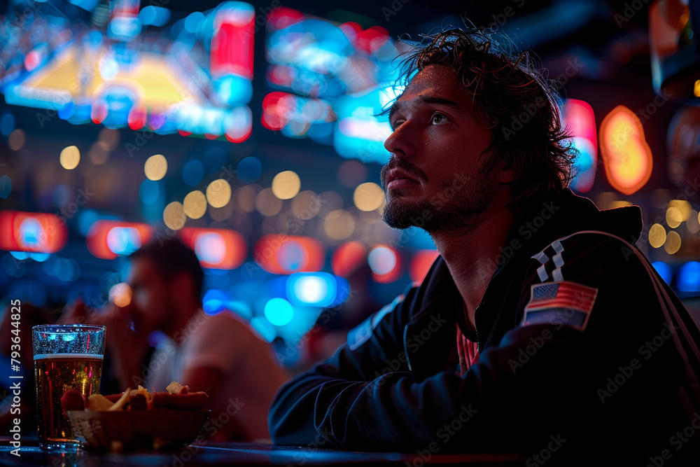 A handsome young man sits alone in a bar, watching the game with a beer.