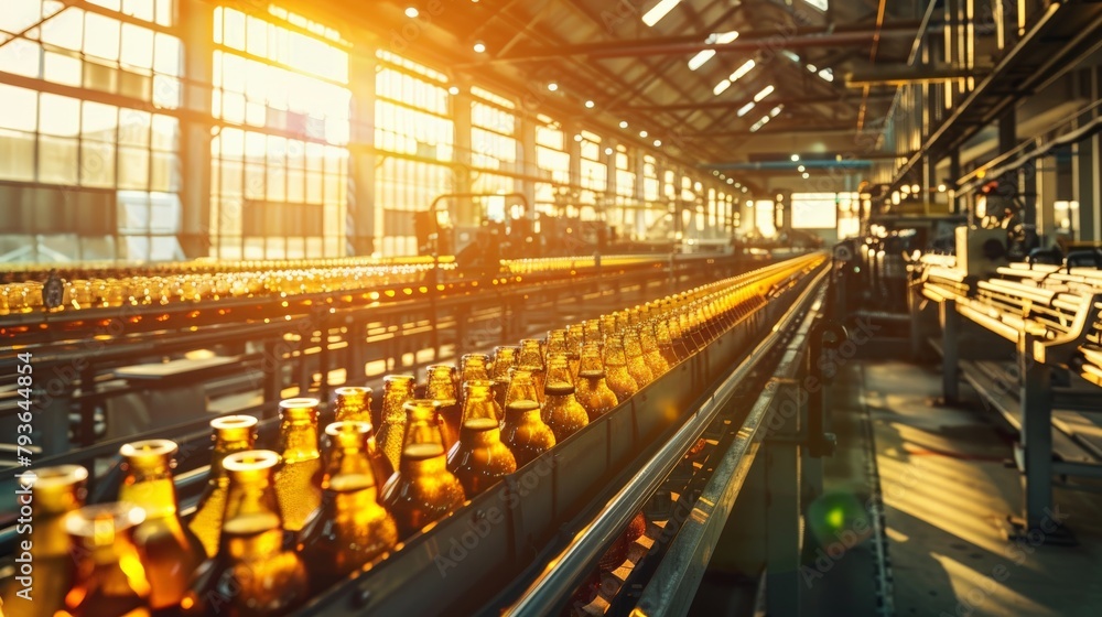 A panoramic view of an automated beer bottling line, with rows of glass bottles moving seamlessly through state-of-the-art machinery