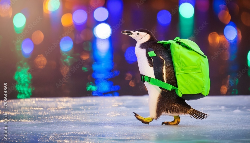 Obraz premium Chilled Adventure: A Penguin's Journey with a Green Backpack