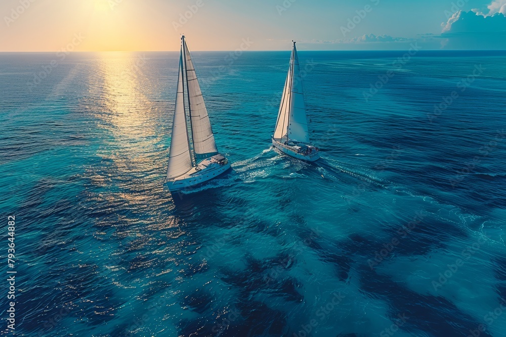 Summer sail on the blue sea, a yacht gliding under the sunset.