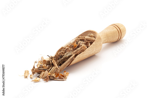 Front view of a wooden scoop filled with dry Organic Canna Lily (Canna) flowers and stems. Isolated on a white background. photo