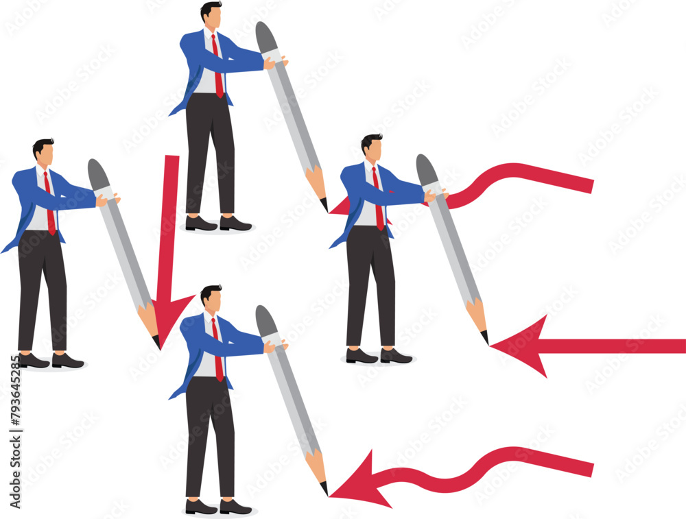 Different ideas and plans, brainstorming, four businessmen holding pencils and drawing path arrows in four different directions Different ideas and plans, brainstorming, four businessmen holding pencils and drawing path arrows in four different directions