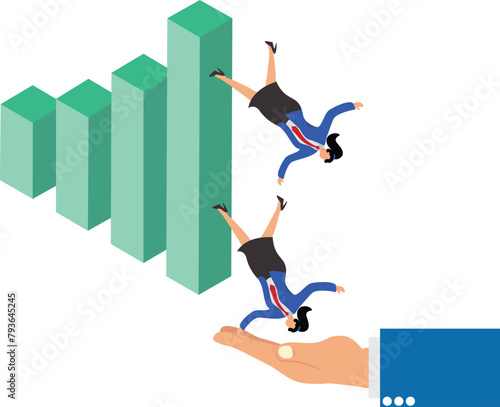 Falling businesswoman falls into huge hands avoiding the danger of falling, helping to avoid risk and crisis
